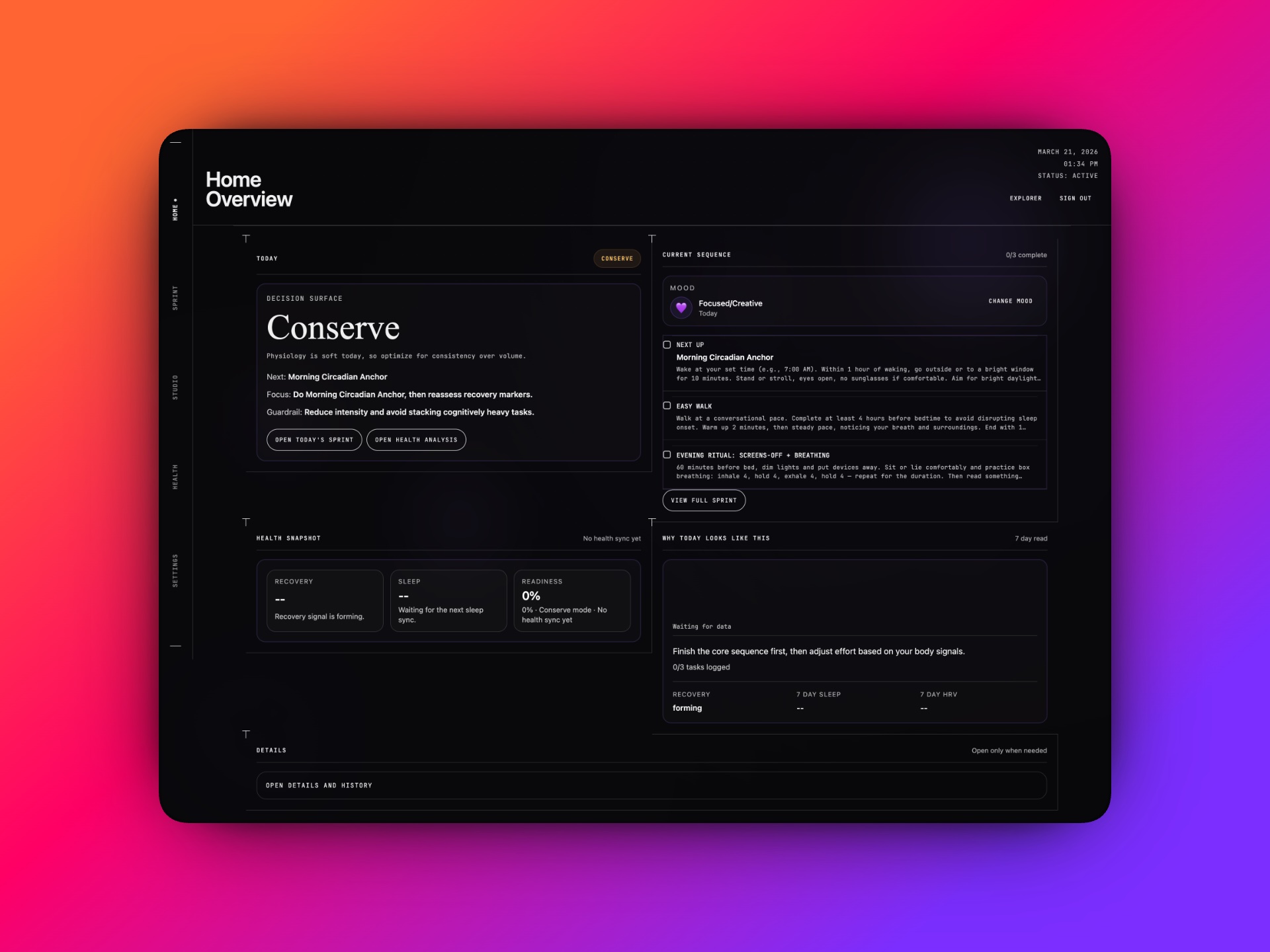By Day web dashboard showing a current sprint, daily tasks, and health overview