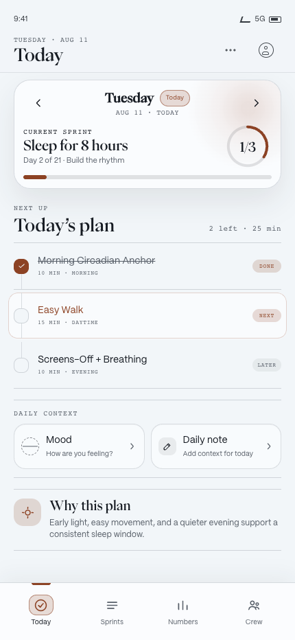 By Day companion app showing today's sprint plan