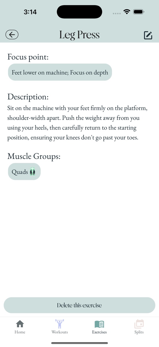 The Split exercise screen for a leg press workout